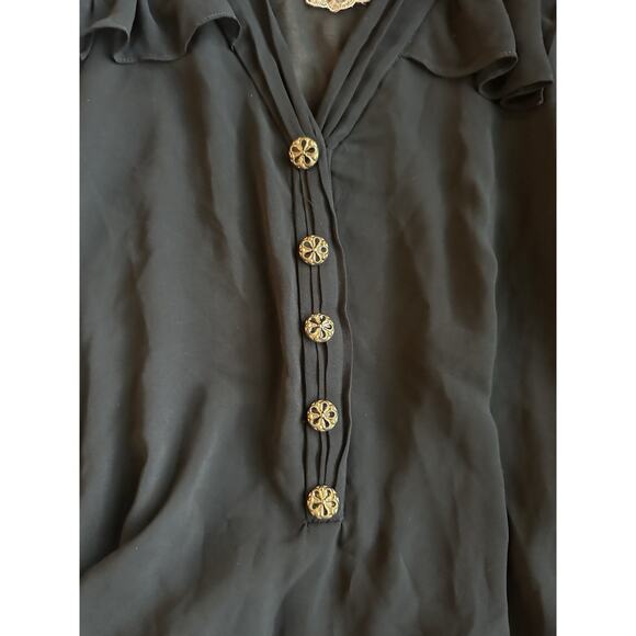 VTG Y2K Twelve by Twelve Black Sheer Ruffle Long Sleeve Blouse Gold Button Goth - Picture 4 of 7